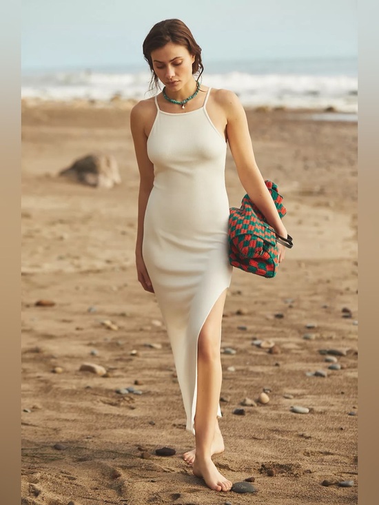 NWT L*Space Renata Ribbed Bodycon Midi Dress Cream Open Back Slit Size Medium - Picture 6 of 10